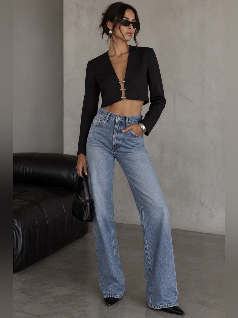 Zara Black Satin Cropped Long-Sleeve Top with Silver Hook Closures